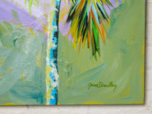 Load image into Gallery viewer, An abstract painting on canvas featuring textured brushstrokes of green, purple, blue, yellow, and orange, with a visible signature reading Jean Bradley in the lower right.
