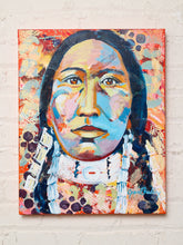Load image into Gallery viewer, Image 1 of 8: Contemporary portrait painting by Jean Bradley featuring a dark-haired woman with long braids, amber-brown eyes, white decorative earrings and neck ornament, and vibrant turquoise, yellow, pink, and orange brushstrokes against a colorful patterned background.

