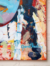Load image into Gallery viewer, Image 7 of 8: Abstract canvas painting with thick textured brushstrokes in blue, white, black, orange, red, yellow, and green, signed Jean Bradley.
