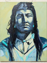 Load image into Gallery viewer, A painted portrait of a person with long dark hair, wearing a light shirt and turquoise jewelry, on a pale yellow background. The artwork appears to be the product itself rather than a photo of a physical object in a room.
