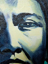Load image into Gallery viewer, Close-up of a painted portrait showing part of a face with dark blue, black, cream, and light blue brushstrokes on a textured canvas.

