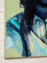 Load image into Gallery viewer, A close-up of an expressive painting on canvas showing part of a person with long dark hair and a light blue garment, painted in blue, teal, cream, and pale yellow tones against a white brick wall background.

