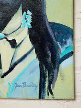 Load image into Gallery viewer, An abstract canvas painting on a textured white brick wall, featuring a stylized portrait with dark hair, light green background, and blue accents. Signed 'Jean Bradbury' in blue script.
