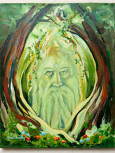 Load image into Gallery viewer, Contemporary fantasy-inspired painting by Jean Bradley featuring a mysterious green bearded face emerging from intertwined tree trunks, surrounded by lush foliage, delicate vines, and small colorful flowers.
