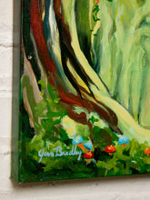 Load image into Gallery viewer, A close-up of a textured canvas painting depicting a forest scene with a large tree trunk, green foliage, and small colorful mushrooms. The artist's signature 'Jean Bradley' is visible in white script near the bottom left.
