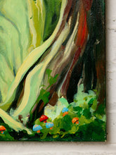 Load image into Gallery viewer, A close-up of an expressive oil painting on canvas depicting a forest floor with a large tree trunk, green foliage, and small colorful mushrooms, shown against a white brick wall.
