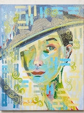 Load image into Gallery viewer, Contemporary woman portrait painting by Jean Bradley featuring a woman in a wide-brimmed patterned hat, expressive blue and green facial tones, yellow accents, and colorful abstract geometric details.
