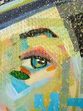 Load image into Gallery viewer, Close-up of a colorful mixed-media painting on textured canvas, featuring a stylized eye with blue, green, orange, pink, and yellow brushstrokes.
