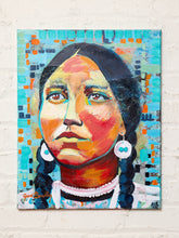 Load image into Gallery viewer, Contemporary portrait painting by Jean Bradley featuring a woman with dark braided hair, circular earrings, layered necklaces, vivid orange and red facial tones, and a turquoise mosaic-style background.
