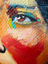 Load image into Gallery viewer, Close-up of a colorful mixed-media painting featuring a stylized eye and red lips, overlaid with a chain-link mesh texture.
