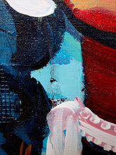Load image into Gallery viewer, Abstract canvas painting with bold brushstrokes in dark blue, black, red, light blue, white, and pink, showing textured canvas grain.
