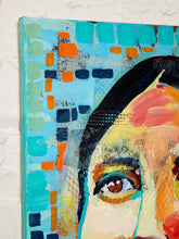 Load image into Gallery viewer, A close-up of an expressive mixed-media portrait painting on canvas, featuring a stylized eye with teal, orange, yellow, and black brushstrokes against a turquoise background, mounted on a white textured wall.
