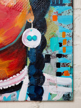 Load image into Gallery viewer, Abstract mixed-media painting on canvas featuring expressive brushstrokes in red, orange, black, turquoise, white, and small orange accents, with a white circular pendant-like shape containing two turquoise dots near the center.
