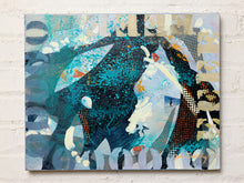 Load image into Gallery viewer, Contemporary abstract painting by Jean Bradley featuring overlapping turquoise, teal, cream, and golden yellow shapes, intricate dotted textures, sweeping dark forms, and layered geometric patterns.
