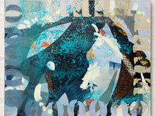 Load image into Gallery viewer, Abstract mixed-media collage artwork featuring a stylized horse in teal, blue, black, white, and beige tones with halftone textures and paint splatter details.
