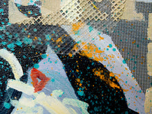 Load image into Gallery viewer, Abstract mixed-media painting with textured acrylic brushstrokes, black mesh grid patterns, teal and orange paint splatters, and cream-colored brushstrokes.
