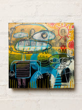 Load image into Gallery viewer, Original artwork by Shawn Savage featuring whimsical abstract characters with oversized eyes, elongated faces, layered vintage portrait imagery, and expressive markings in blue, yellow, green, orange, and black on a rectangular panel with black sides.
