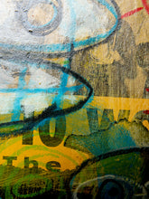 Load image into Gallery viewer, Abstract graffiti-style artwork with layered brushstrokes and textures in blue, yellow, green, black, gray, and white, including partial lettering and circular forms.
