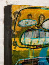 Load image into Gallery viewer, A close-up of a mixed-media painting featuring a stylized face with a large blue eye, set against a yellow background with green brushstrokes and a black canvas edge on the left, mounted on a white textured wall.
