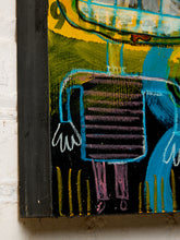 Load image into Gallery viewer, A close-up of a colorful painted artwork showing part of a stylized figure with blue, yellow, green, black, and purple brushstrokes, mounted against a white wall.
