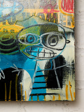 Load image into Gallery viewer, A close-up of a colorful abstract painting on canvas, featuring a stylized face with glasses, blue and green tones, black brushstrokes, and yellow accents, mounted on a light textured wall.
