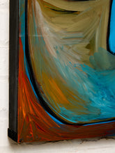 Load image into Gallery viewer, Close-up of an abstract canvas painting with thick brushstrokes in turquoise blue, cream, olive green, orange, and red, mounted on a white wall.
