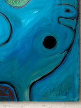 Load image into Gallery viewer, Abstract blue painting with organic black curved lines, a dark circular form, and a small red area in the lower left corner, shown against a light wall.
