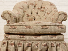Load image into Gallery viewer, Image 12 of 18: Vintage Lion Print Tufted Barrel Chair with Ruffled Skirt
