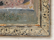 Load image into Gallery viewer, Image 7 of 8: Close-up of an ornate antique-style picture frame with carved scrollwork and thick textured paint, showing part of an abstract painting with gray, beige, pink, and green tones against a light wall.
