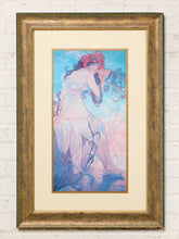Load image into Gallery viewer, Image 1 of 8: Framed romantic figurative artwork depicting a seated woman with long dark hair, red floral crown, flowing white dress, and delicate botanical details against a pastel blue and pink background, with cream matting and an ornate gold-tone frame.
