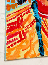 Load image into Gallery viewer, Image 5 of 8: Abstract painting on canvas featuring bold brushstrokes in red, orange, yellow, blue, and black, mounted on a white textured wall.
