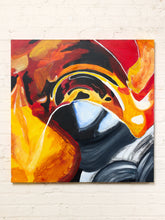 Load image into Gallery viewer, Image 1 of 8: Abstract painting featuring large sweeping shapes in burnt orange, golden yellow, deep red, charcoal black, and smoky gray, with layered textures and bold curved forms.
