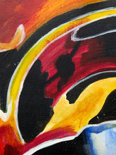 Load image into Gallery viewer, Image 3 of 8: Abstract painting detail with bold brushstrokes in red, yellow, black, orange, white, and a small blue area.
