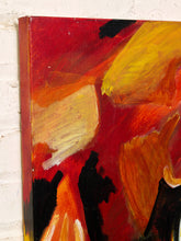 Load image into Gallery viewer, Image 4 of 8: Abstract canvas painting with bold brushstrokes in red, yellow, orange, black, and cream, shown close-up against a white brick wall.
