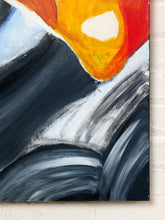 Load image into Gallery viewer, Image 7 of 8: Abstract canvas painting with bold brushstrokes in black, white, gray, orange, yellow, and red, shown hanging on a white brick wall.

