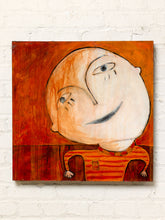 Load image into Gallery viewer, Image 1 of 8: Figurative painting by Shawn Savage featuring an oversized cream-colored smiling face with expressive eyes, a small figure wearing an orange striped outfit, and a richly textured burnt orange background.

