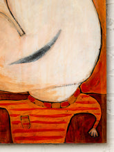 Load image into Gallery viewer, Image 7 of 8: A close-up of an abstract painting depicting a stylized figure with a large cream-colored head, a dark gray curved line, and an orange and red striped body, mounted on a white brick wall.
