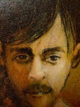 Load image into Gallery viewer, Image 3 of 9: Close-up portrait painting of a man's face with dark hair, brown eyes, and a mustache, rendered in warm earth tones.
