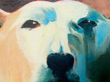Load image into Gallery viewer, Image 3 of 8: Close-up of a painted polar bear face with visible canvas texture, featuring cream, blue, peach, and dark navy brushstrokes.
