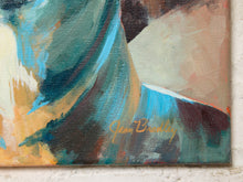 Load image into Gallery viewer, Image 7 of 8: Abstract canvas painting with expressive brushstrokes in teal, blue, cream, tan, and dark brown, signed 'Sean Brady' in gold near the lower right.

