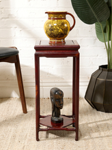 Load image into Gallery viewer, Image 1 of 16: Vintage square wooden side table featuring a reddish-brown finish, molded apron, four slender tapered legs, and a lower square shelf with visible wood grain.
