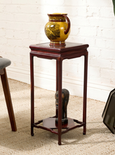 Load image into Gallery viewer, Image 2 of 16: Vintage square wooden side table featuring a reddish-brown finish, molded apron, four slender tapered legs, and a lower square shelf with visible wood grain.

