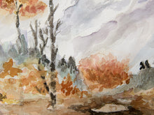 Load image into Gallery viewer, Image 3 of 8: Watercolor landscape painting featuring bare tree trunks, orange and brown autumn foliage, and a soft gray-white sky.
