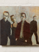 Load image into Gallery viewer, Image 2 of 9: A textured oil painting of four men in dark clothing, displayed on a white brick wall background.
