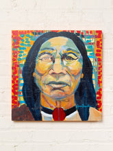 Load image into Gallery viewer, Image 1 of 8: Expressive portrait painting by Jean Bradley featuring a figure with long dark hair, a thoughtful expression, and colorful layered brushstrokes in turquoise, yellow, coral, and navy against a vibrant abstract background.
