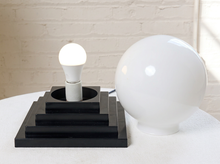 Load image into Gallery viewer, Image 22 of 22: Vintage White Globe Table Lamp with Stepped Black Base
