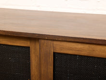 Load image into Gallery viewer, Image 16 of 24: Vintage Wood Credenza with Black Textured Sliding Doors
