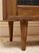 Load image into Gallery viewer, Image 18 of 24: Vintage Wood Credenza with Black Textured Sliding Doors
