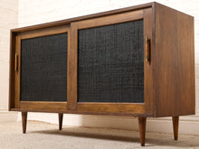 Load image into Gallery viewer, Image 19 of 24: Vintage Wood Credenza with Black Textured Sliding Doors
