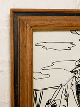 Load image into Gallery viewer, Image 4 of 8: Close-up of a framed art print showing a black ink line drawing on an off-white background, set within a rustic wooden frame with dark stained inner borders, mounted on a textured white wall.
